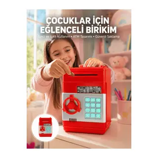 Şifreli Kırmızı ATM Tasarımlı Çelik Kasa Görünümlü Kumbara