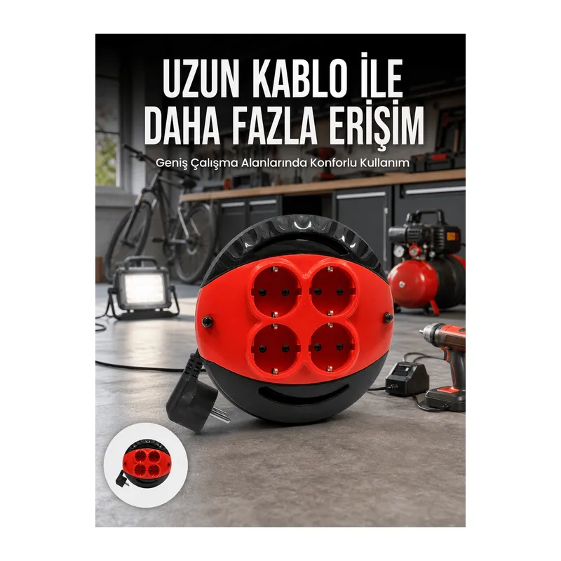 5 Metre Kablolu 4’lü Kırmızı Priz Makara