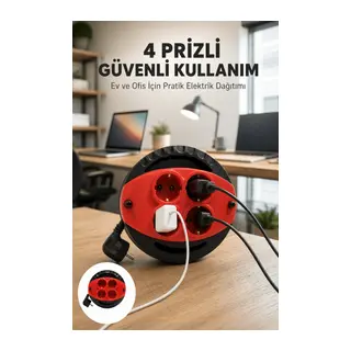 Kırmızı Renk 5 Metre 4’lü Kablolu Priz Makarası