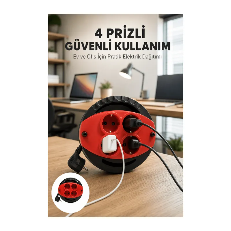 Kırmızı Renk 5 Metre 4’lü Kablolu Priz Makarası