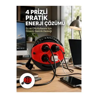 3 Metre Uzatma Kablolu 4 Prizli Makara Kırmızı