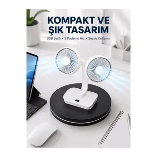 720° Döner Çift Taraflı Masaüstü Vantilatör – USB Şarjlı Sessiz Fan