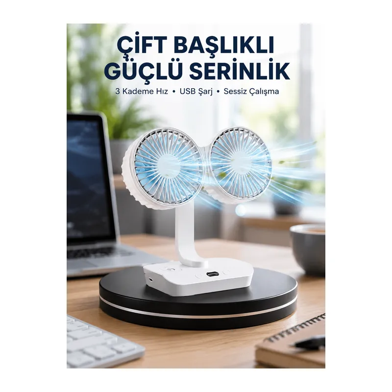 Sessiz Çalışan USB Şarjlı Çift Kafalı Masaüstü Fan – Ev ve Ofis İçin