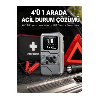 Araçlar İçin Akü Takviye Lastik Şişirme ve Powerbank Cihazı