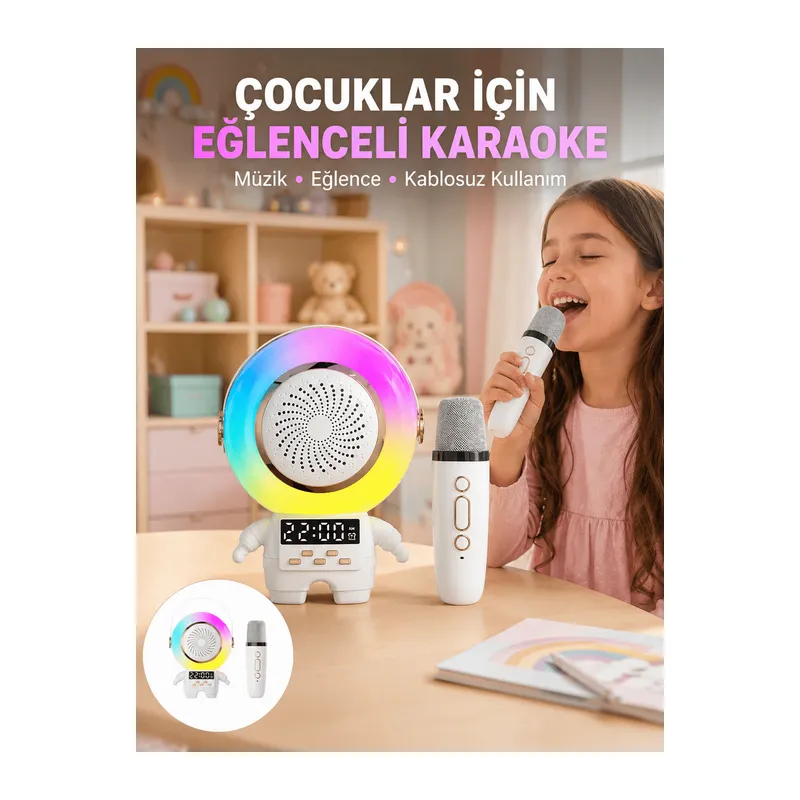 Renkli Işıklı Astronot Mini Bluetooth Speaker ve Karaoke Mikrofon