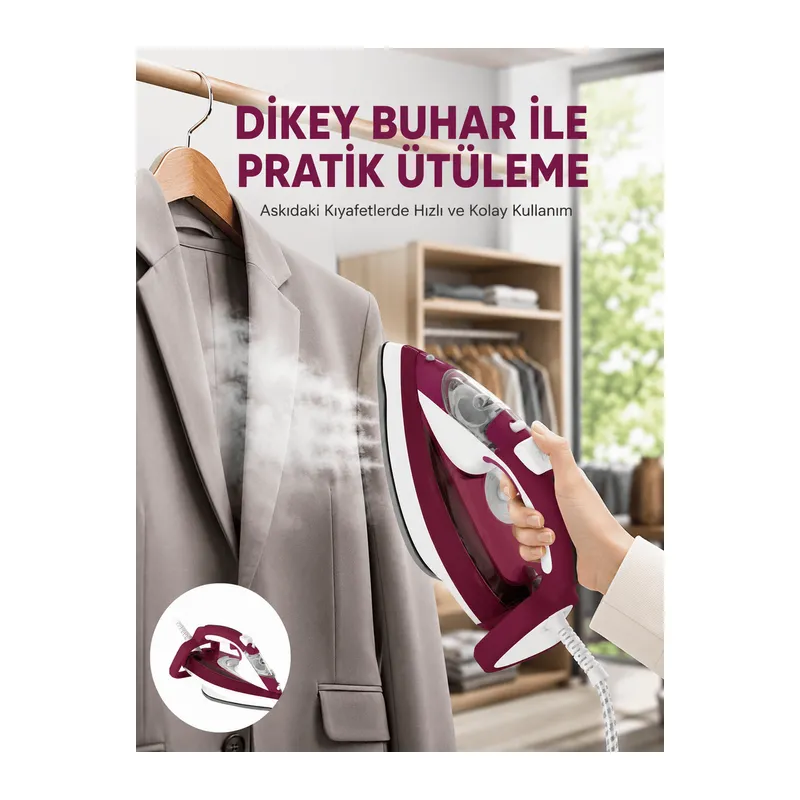 Yeni Nesil Kırmızı Buharlı Ütü 2200 Watt Seramik Tabanlı Yüksek Buhar Gücü