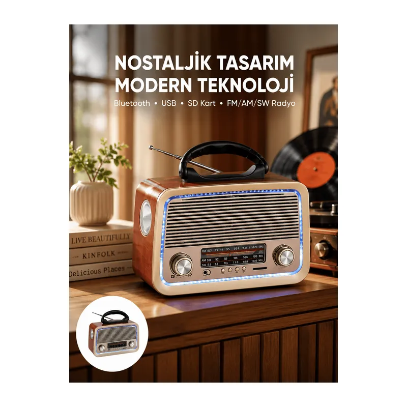 Nostalji Bluetooth Radyo FM AM SW Ahşap Eskitme Tasarım Yeni Nesil