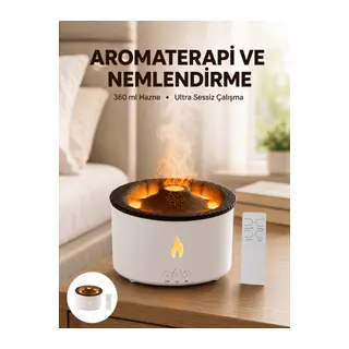 Alev Efektli Aromaterapi Difüzörü – 360 ml Su Hazneli, Sessiz ve Zaman Ayarlı Yeni Nesil