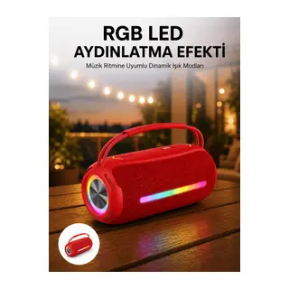 360 RGB LED'li Taşınabilir Bluetooth Hoparlör – Kırmızı, USB/TF Destekli