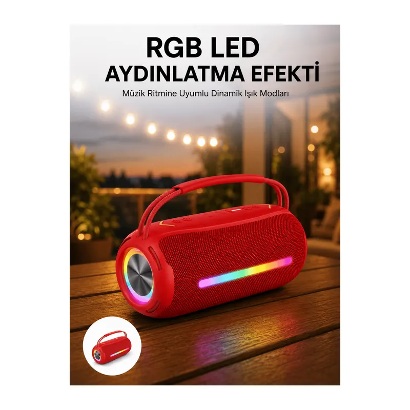 360 RGB LED'li Taşınabilir Bluetooth Hoparlör – Kırmızı, USB/TF Destekli