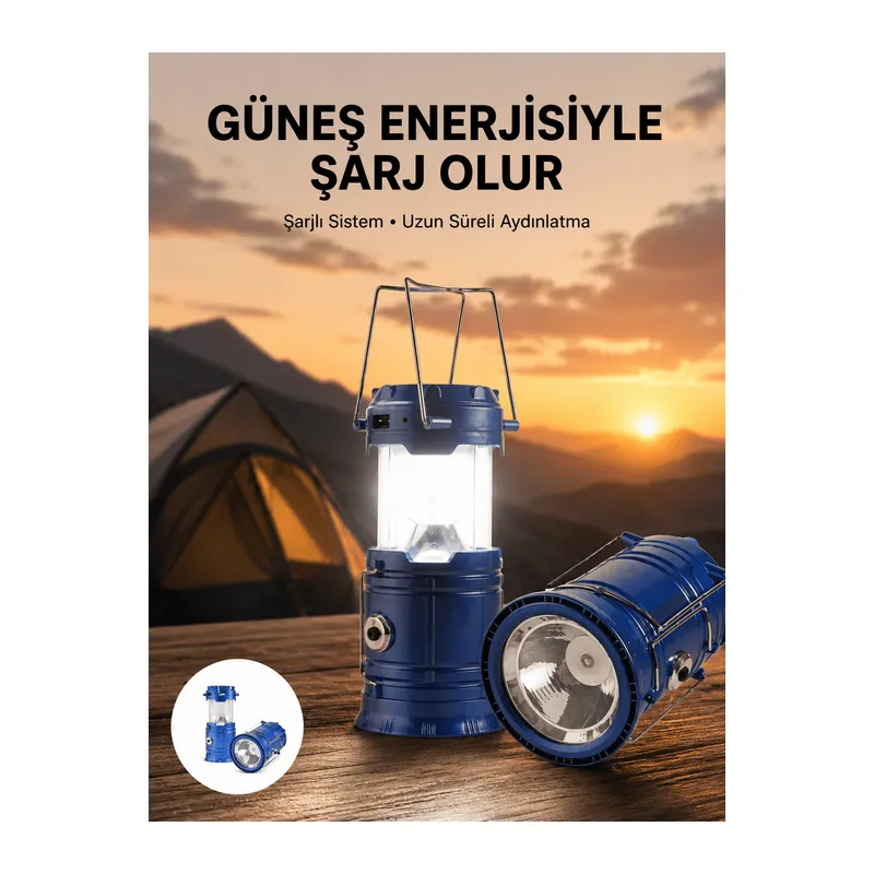 Kamp Feneri Şarj Edilebilir Güneş Enerjili Işıldak USB Şarjlı