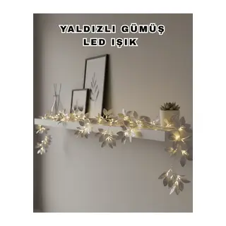 Yaldızlı Gümüş Yaprak LED Işık Pilli Dekoratif Ortam ve Yılbaşı Aydınlatması