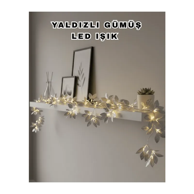 Yaldızlı Gümüş Yaprak LED Işık Pilli Dekoratif Ortam ve Yılbaşı Aydınlatması