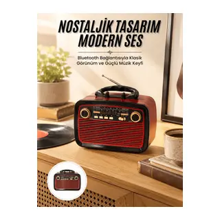 Nostalji Radyo Bluetooth Hoparlör USB-SD Kart Giriş Led Fener Işıklı Bataryalı Pilli Yeni Nesil