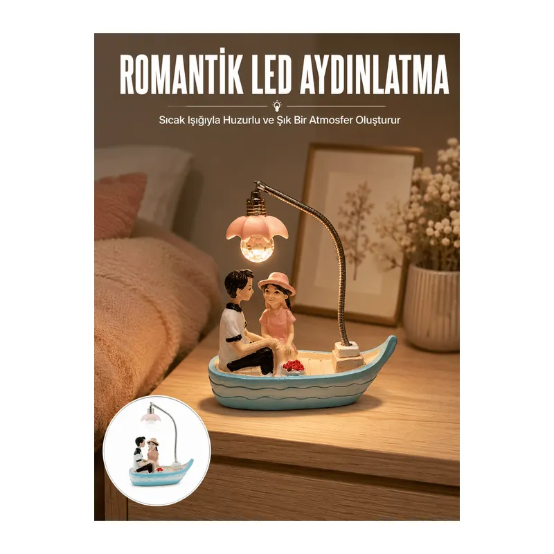 Romantik Sandal Üzerinde Çift Figürü LED Gece Lambası Masa Dekoru Yeni Nesil