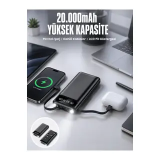 Powerbank 20.000 Mah Dijital Göstergeli LCD Ekran Uzun Pil Ömrü Yeni Nesil
