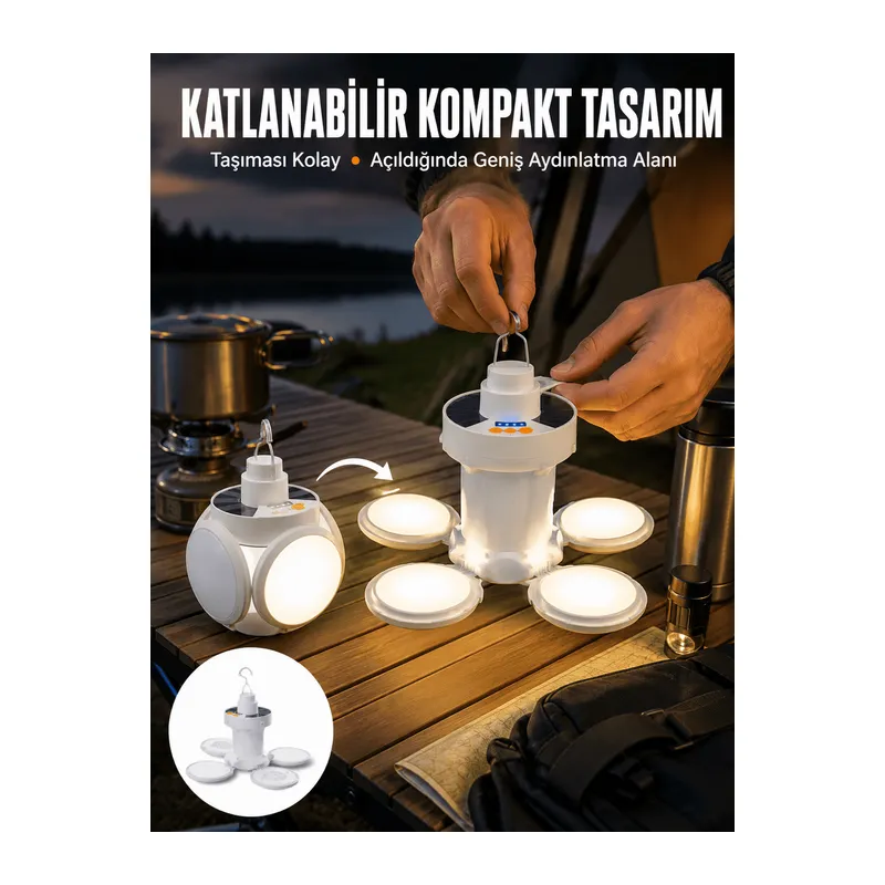 Katlanabilir Taşınabilir Kamp Lambası Işıldak Beyaz Işık Güneş Enerjili Solar Aydınlatma Yeni Nesil