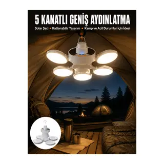 Kamp Lambası Işıldak Beyaz Işık Güneş Enerjili Solar Aydınlatma 5 Kanatlı Katlanabilir Yeni Nesil
