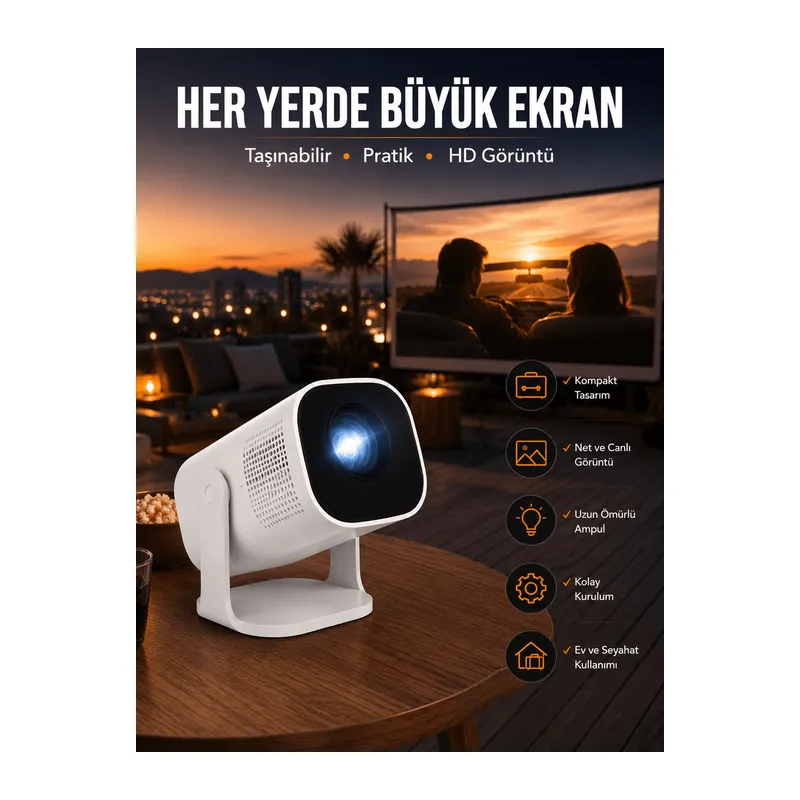Akıllı Projeksiyon Powerbankli Taşınabilir Sinema Projektörü 4k HD Kaliteli Yeni Nesil