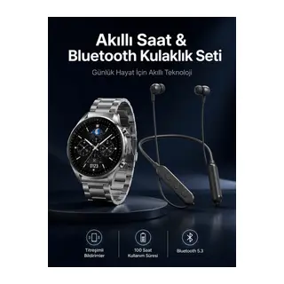 Alarm ve Titreşim Özellikli Akıllı Saat ve Mikrofonlu Kablolu Bluetooth Kulaklık 60 Saat