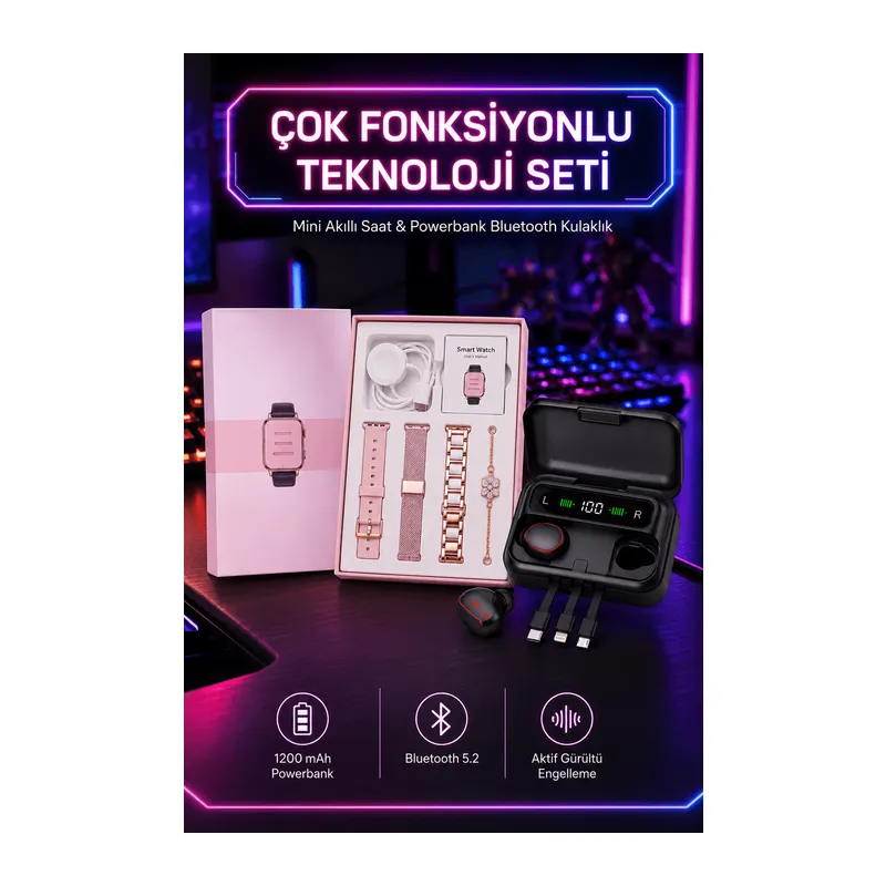 Powerbank Özellikli Bluetooth Kulaklık ve Nabız Ölçer Akıllı Saat Bileklik Hediyeli