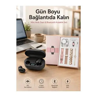 Nabız Ölçer Hediye Bileklikli Akıllı Saat ve Dijital Göstergeli Bluetooth Kulaklık Çoklu Şarj Girişi