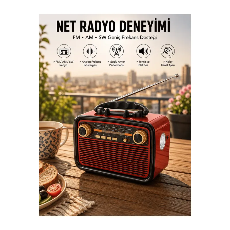 Müzik Kutusu Bluetooth Bağlantılı El Fenerli Nostaljik Tasarım Radyo