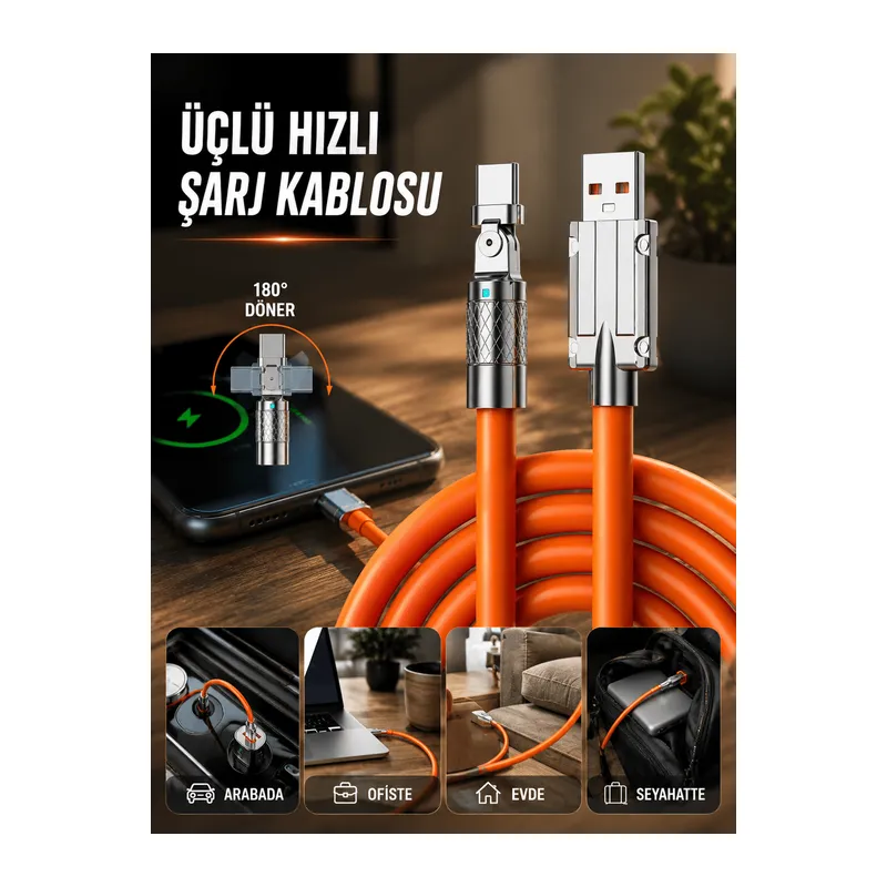 3 İn 1 Süper Hızlı Şarj Kablosu Android ve İOS Uyumlu Silikon Şarj Kablosu
