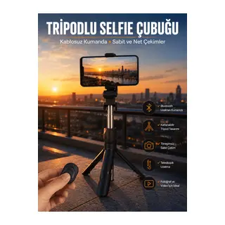 Selfie Çubuğu Tripod Kumandalı Telefon Tutucu Siyah
