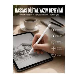 Dokunmatik Kalem Beyaz Şarjlı Yedek Uçlu Android ve İOS Uyumlu