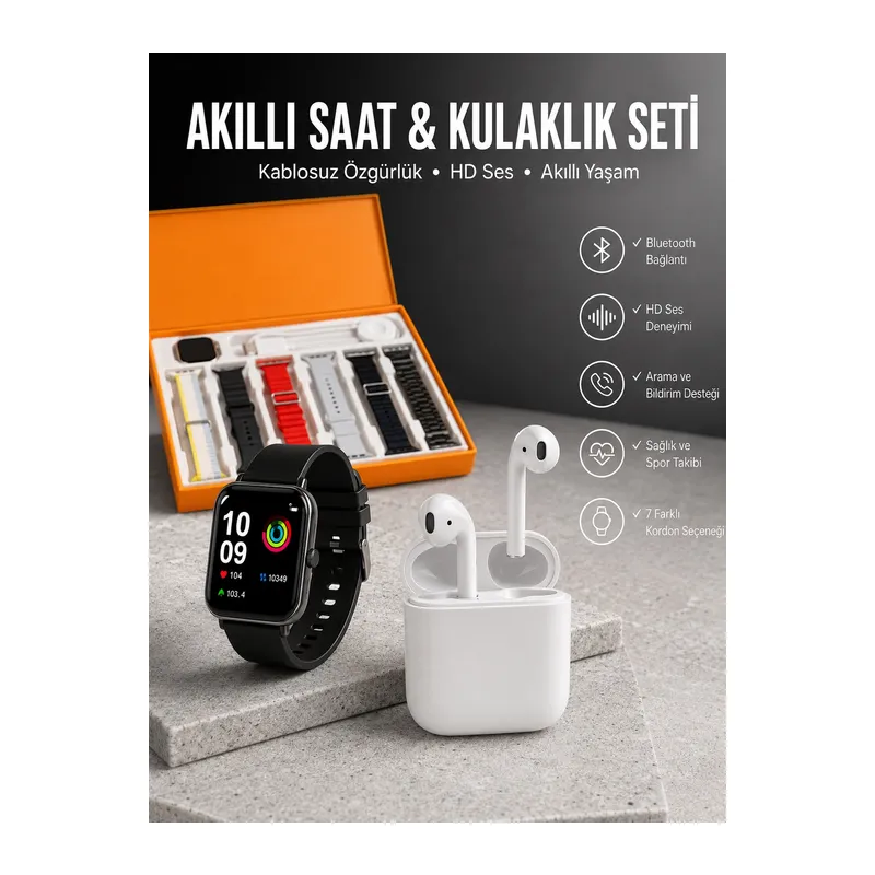 7 Kordonlu Akıllı Saat Ve 2.Nesil Kulaklık Yüksek Ses Kaliteli Uzun Pil Ömrü