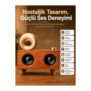 Bluetooth Nostalji Speaker Radyo Gramofon Ahşap Renk Vintage