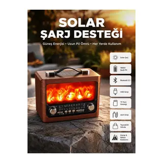 Taşınabilir Şömine Görünümlü Bluetooth Hoparlör – Solar Şarjlı, Alev Işıklı, 7W Ses
