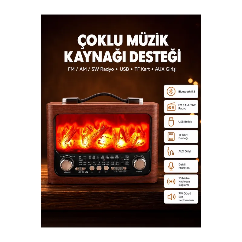 Solar Panelli Alev Işıklı Bluetooth Hoparlör – Çoklu Giriş, Uzun Pil Ömrü