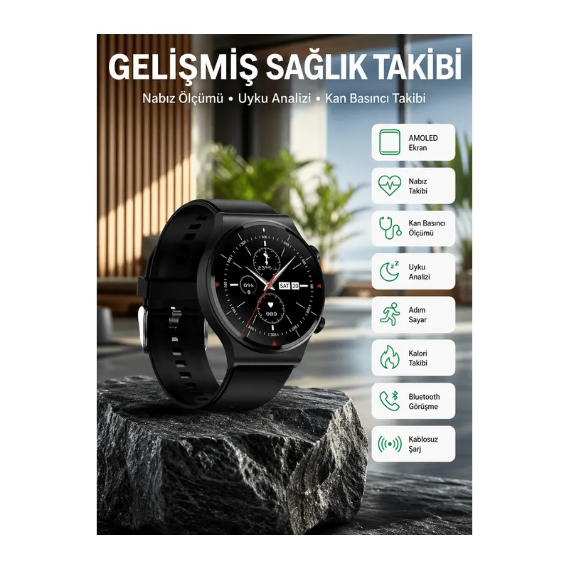 Amoled Ekran Metal Deri Silikon Kordonlu Uyku ve Sağlık Takibi
