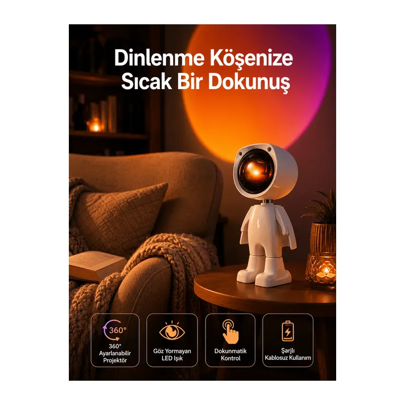 180 Derece Dönebilen Astronot Masa ve Gece Lambası Projektör
