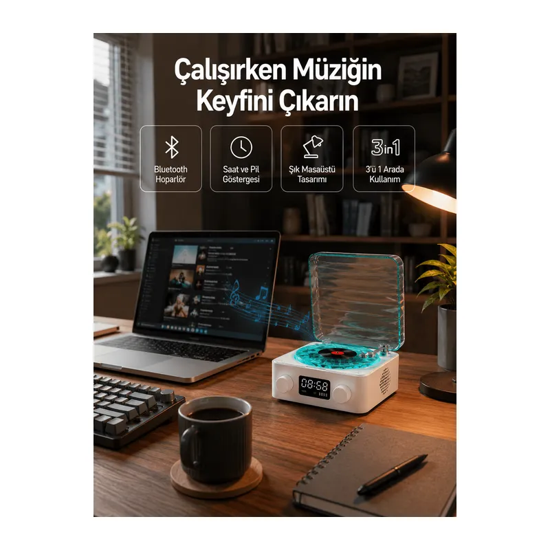 Dekoratif Gece Işıklı Bluetooth Hoparlör – Zaman ve Pil Ekranlı