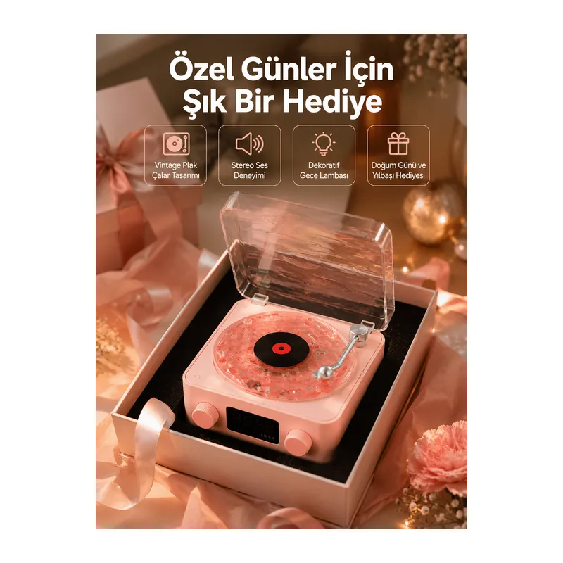 Retro Bluetooth Hoparlör – Yumuşak Gece Lambası ve Saat Göstergeli Yeni Nesil