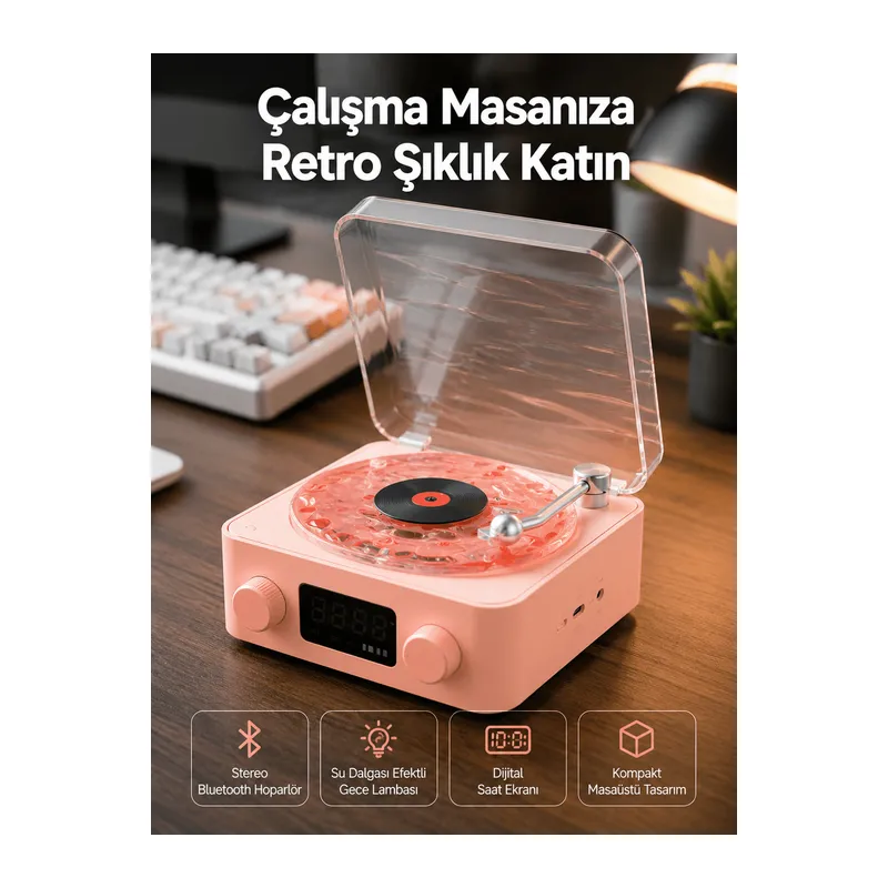 Retro Bluetooth Hoparlör – Kristal Ses, Gece Lambası, Saatli Tasarım Yeni Nesil