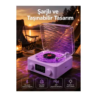 360° Sesli Kablosuz Hoparlör – Retro Tasarım ve Projektör Işığı