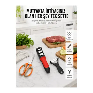 Profesyonel Mutfak Makas Seti – Kesim Makası + Soyacak + Bileyici Yeni Nesil