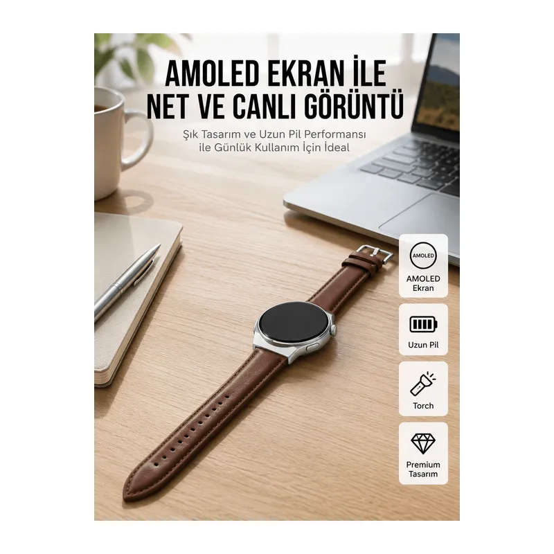 Torch Özellikli AMOLED Ekranlı Akıllı Saat Uzun Pil Yeni Nesil