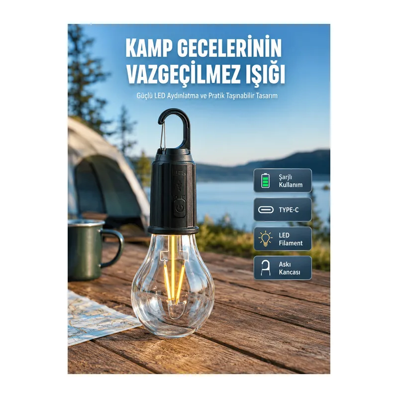 Şarjlı Aydınlatma Ampul Tasarımlı Ambians Işık Askılı Kamp Lambası