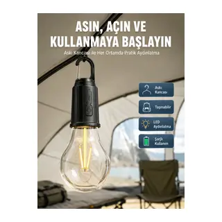 Taşınabilir Şarjlı Led Ampul Askılı Lamba Kamp Bahçe Lambası