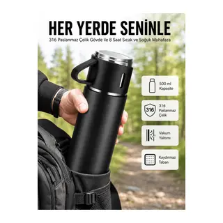 Termos Seti 3'lü Bardak Seti Isı Dayanıklı Siyah Paslanmaz Çelik Vakumlu