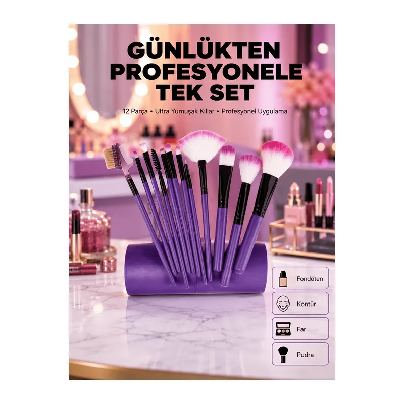 Fondöten, Allık ve Far Uygulamalarına Uygun 12 Parça Makyaj Fırça Takımı Ergonomik Saplı