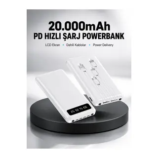 LED Işıklı 20.000mAh Powerbank LCD Gösterge Dahili Çoklu Kablo Yeni Nesil