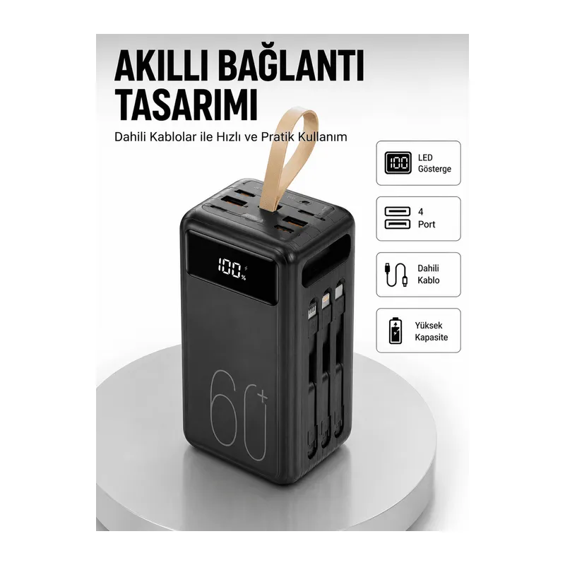 Tüm Cihazlarla Uyumlu LED Fenerli 4 Çıkışlı Powerbank Yeni Nesil