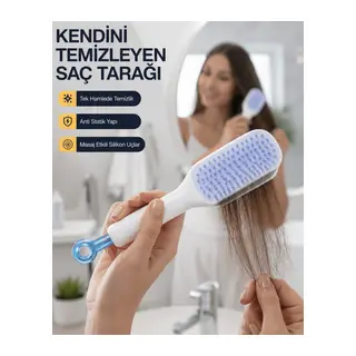 Kendini Temizleyen Ergonomik Saç Tarağı – ABS Gövde, Silikon Diş