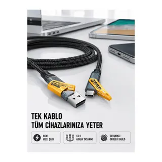 Örgülü Tasarım 4’ü 1 Arada USB-C Lightning Hızlı Şarj Kablosu